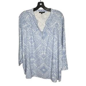 Anne Carson Women Bandana Paisley Blue Linen Blend 3/4 Sleeve Top size 1XL